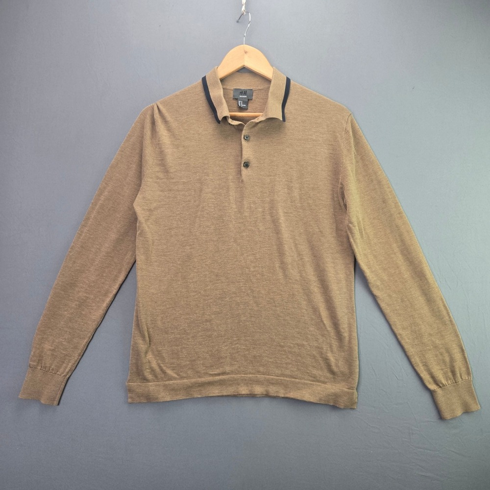 H&M Polo Sweater Silk Blend M Brown Long Sleeve Cotton Knit Contrast Collar 3446